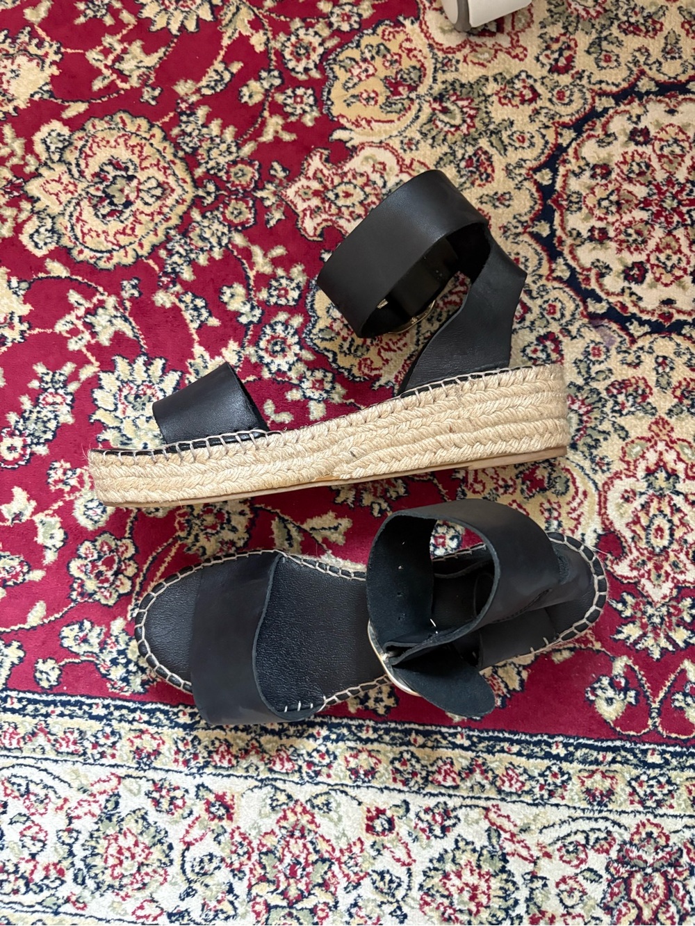 Black Leather Espadrille Platform Sandals